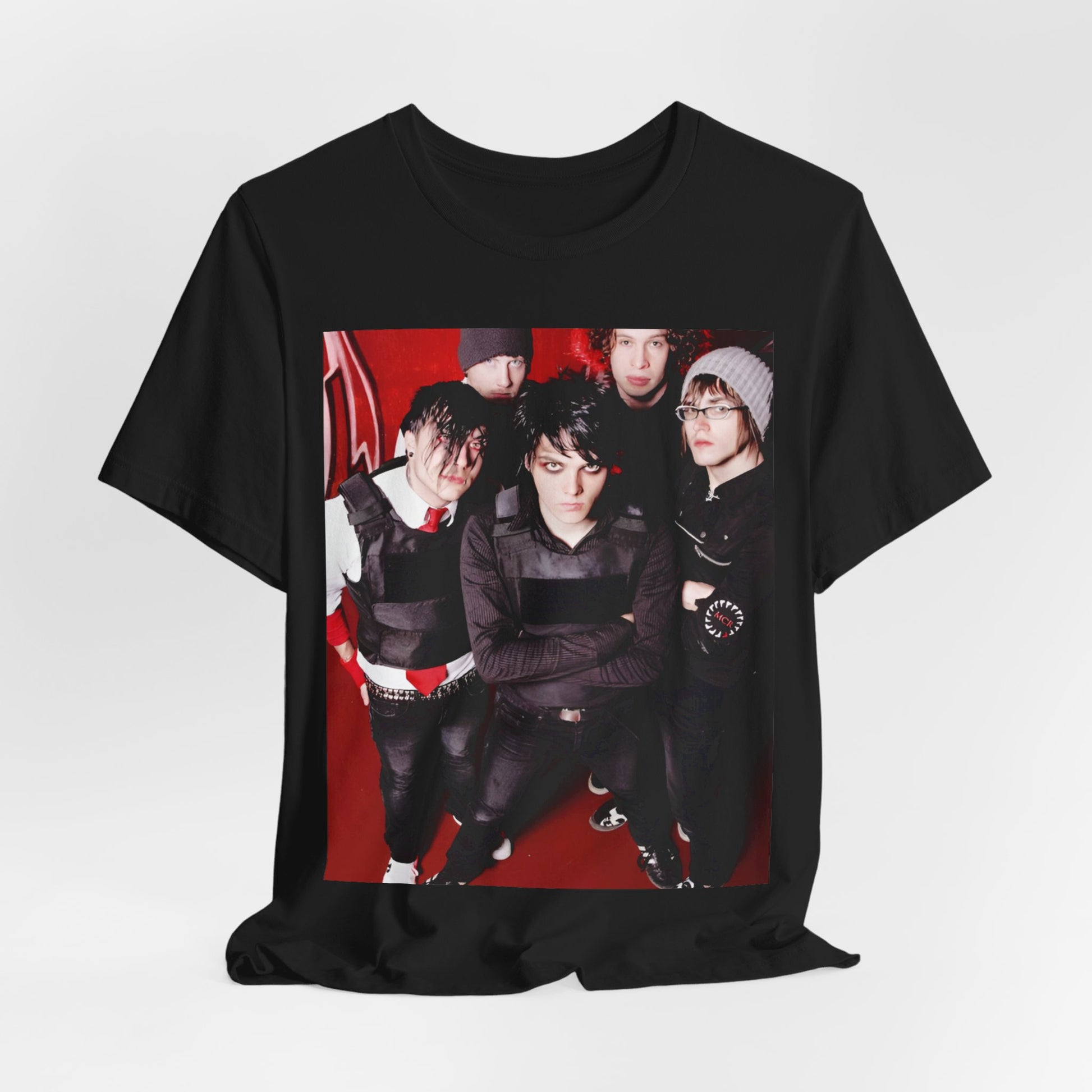 A black graphic t-shirt featuring a boxy graphic related to My Chemical Romance's 'Black Parade' album era.