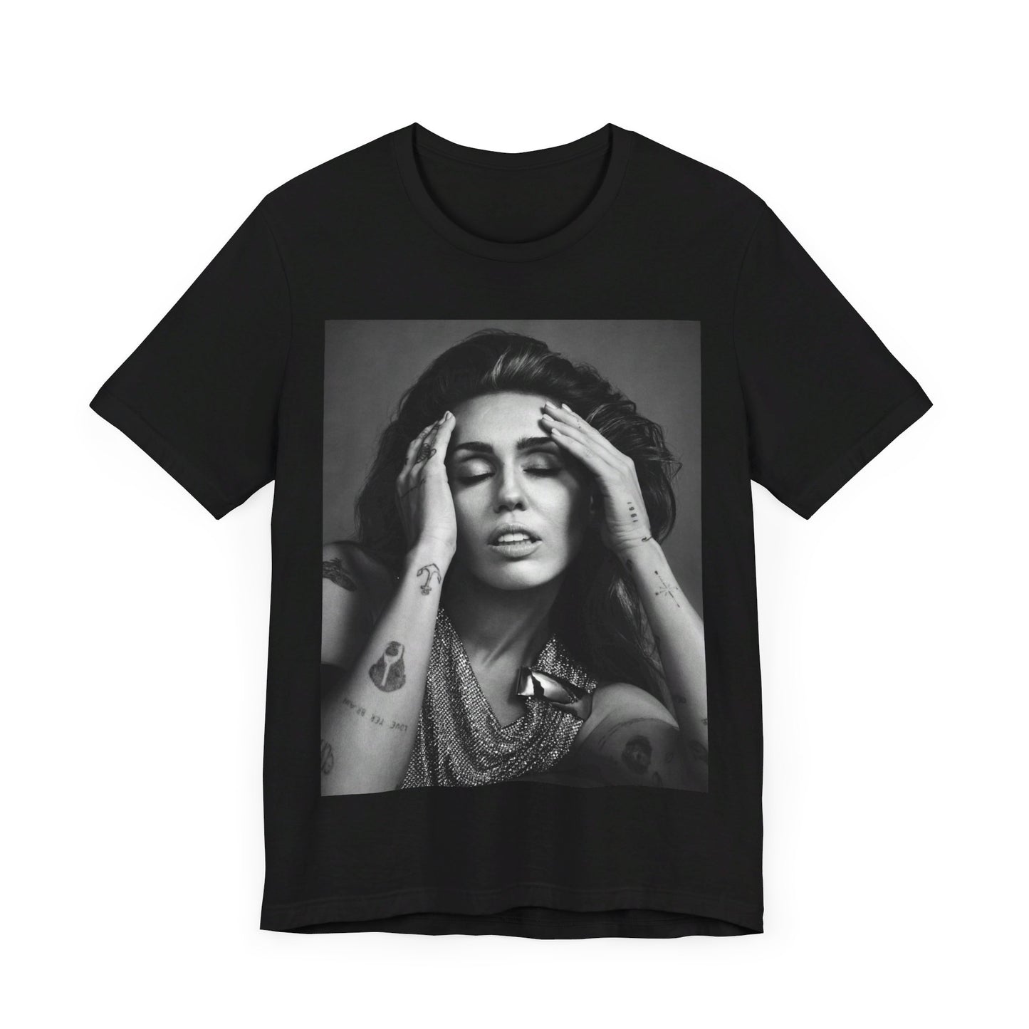 A black graphic t-shirt featuring a retro graphic related to Miley Cyrus' 'Bangerz' album era.