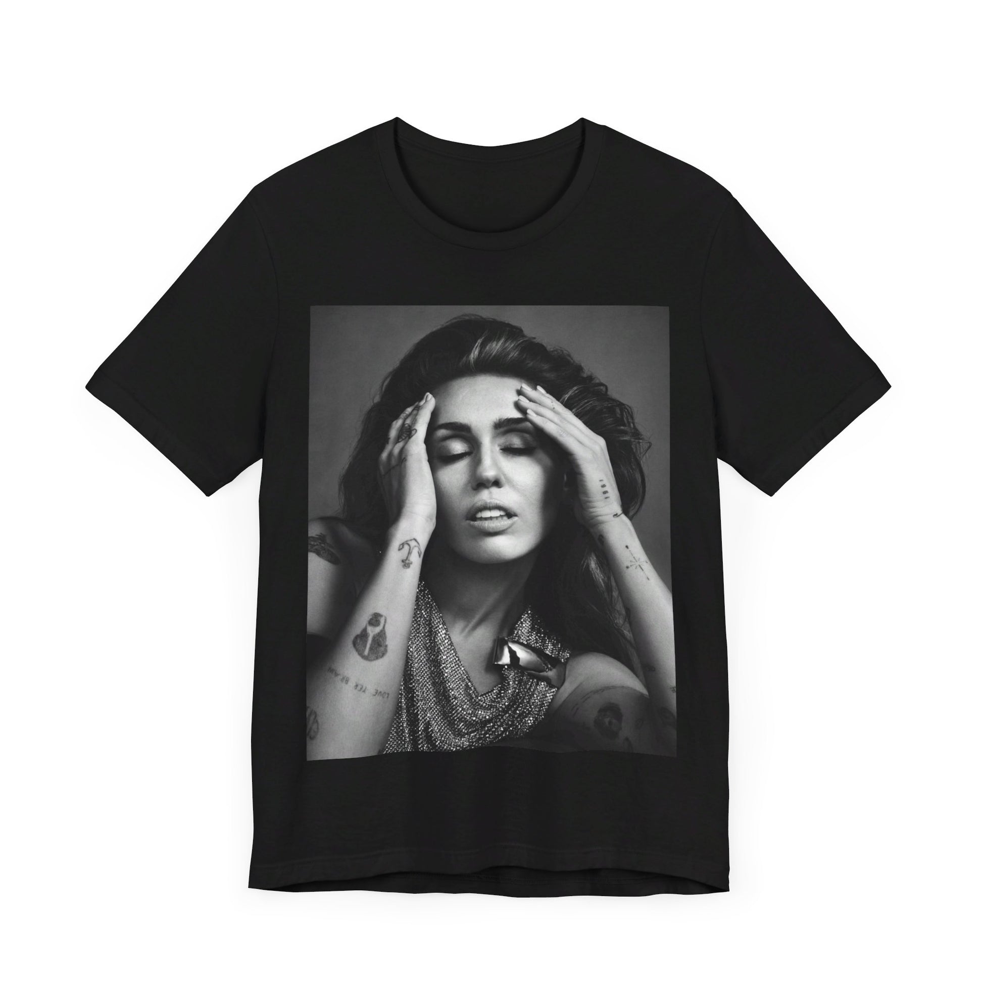 A black graphic t-shirt featuring a retro graphic related to Miley Cyrus' 'Bangerz' album era.