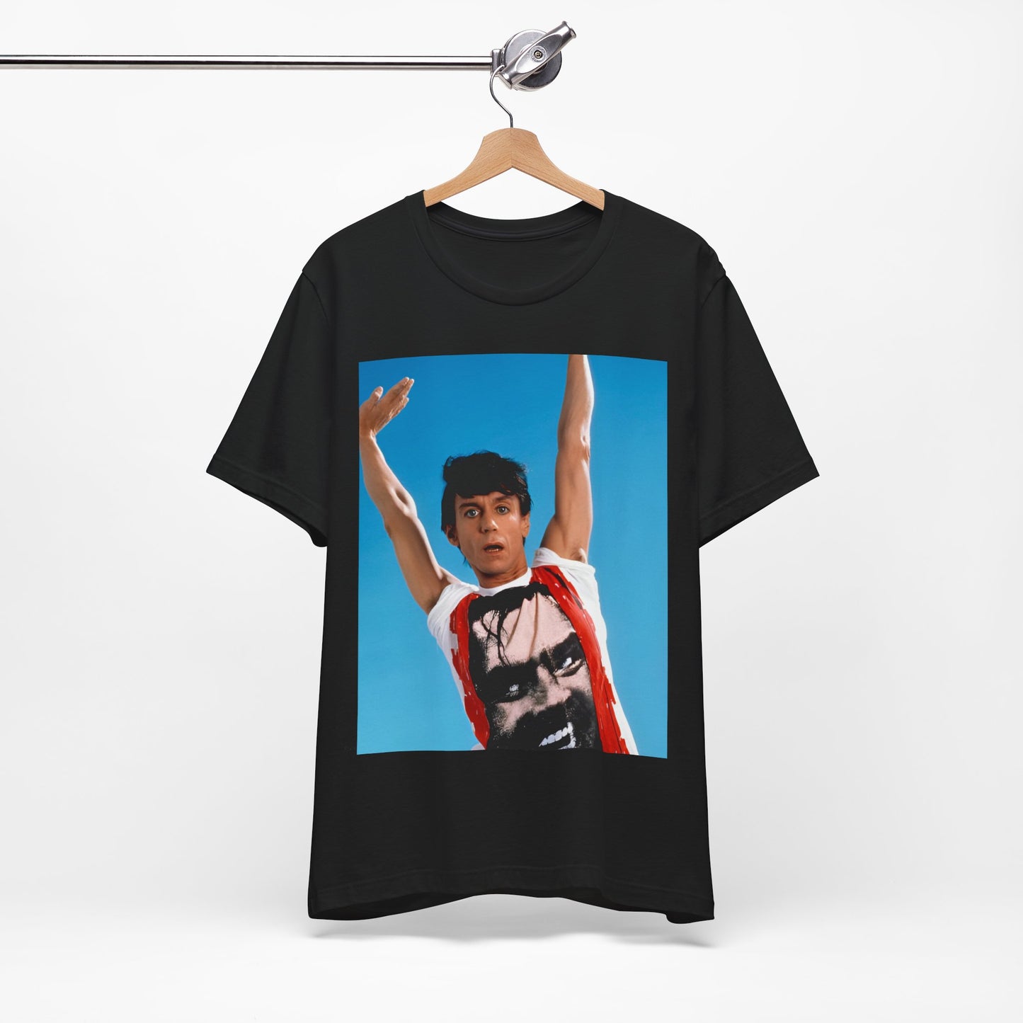 A black graphic t-shirt featuring a 70s graphic of Iggy Pop with a 'Raw Power' aesthetic.