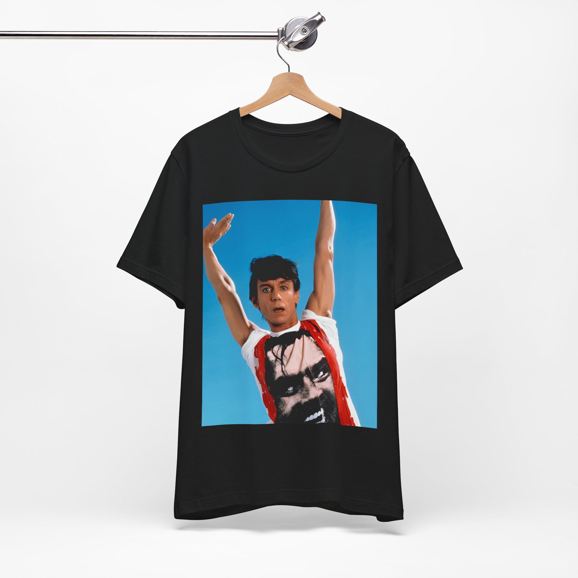 A black graphic t-shirt featuring a 70s graphic of Iggy Pop with a 'Raw Power' aesthetic.