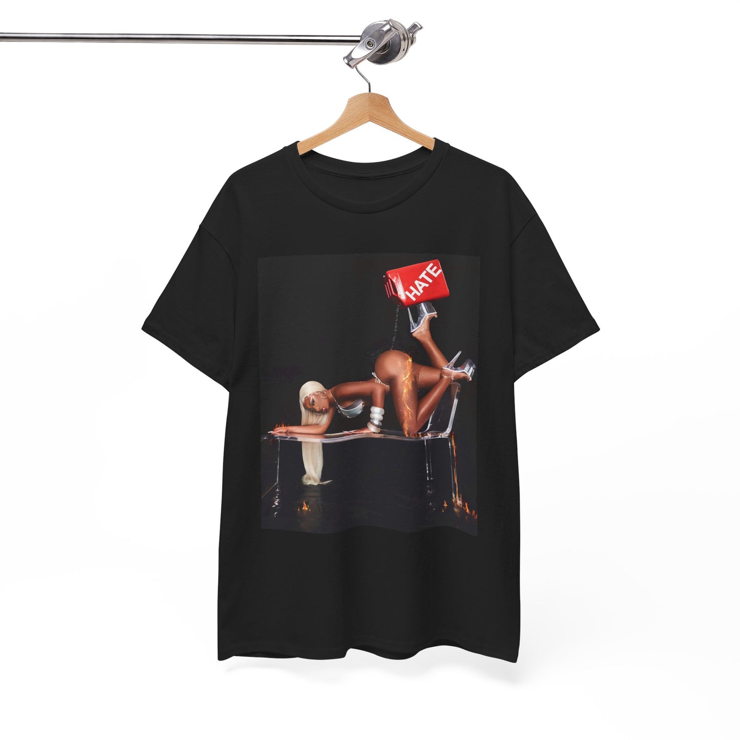 A black graphic t-shirt featuring a graphic related to Megan Thee Stallion's 'Pressurelicious' era.