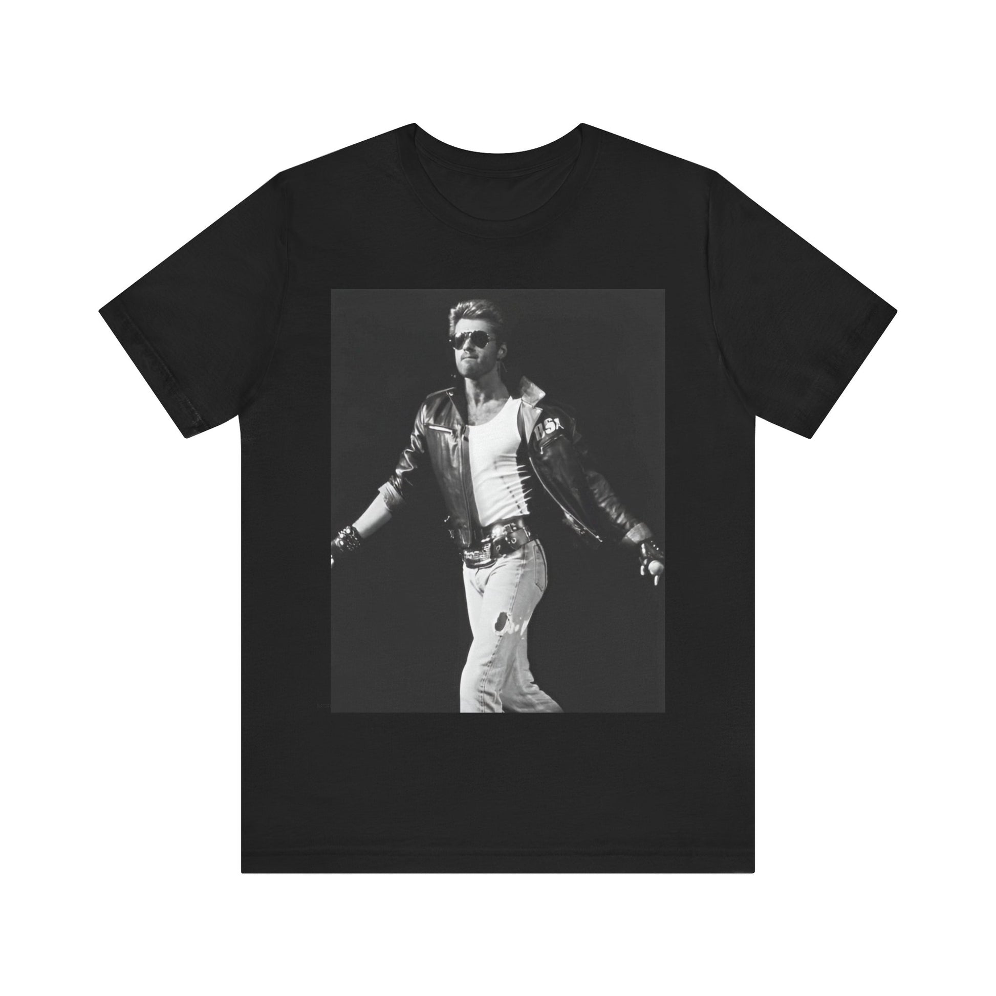 A black graphic t-shirt featuring a retro black and white monochrome graphic or photo of George Michael.