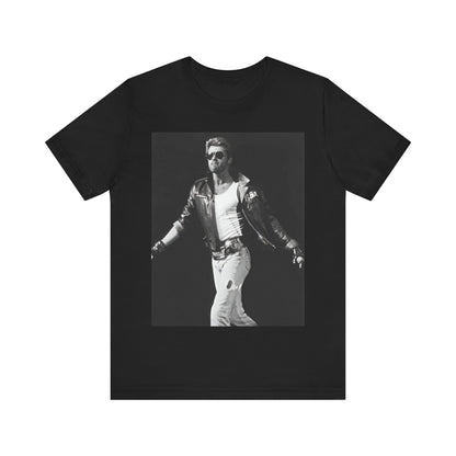 A black graphic t-shirt featuring a retro black and white monochrome graphic or photo of George Michael.