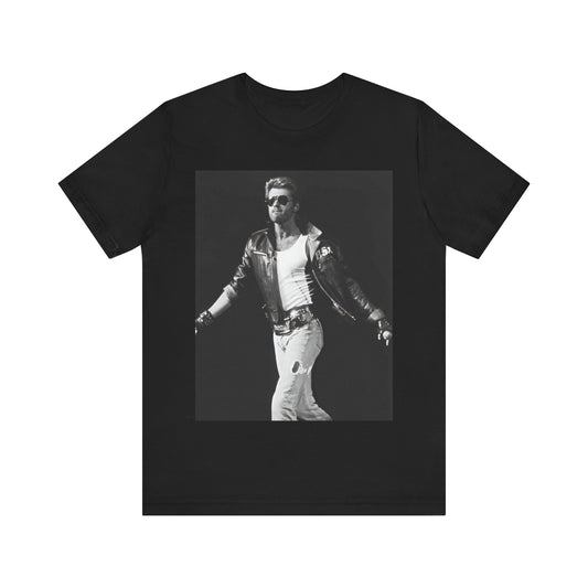 A black graphic t-shirt featuring a retro black and white monochrome graphic or photo of George Michael.