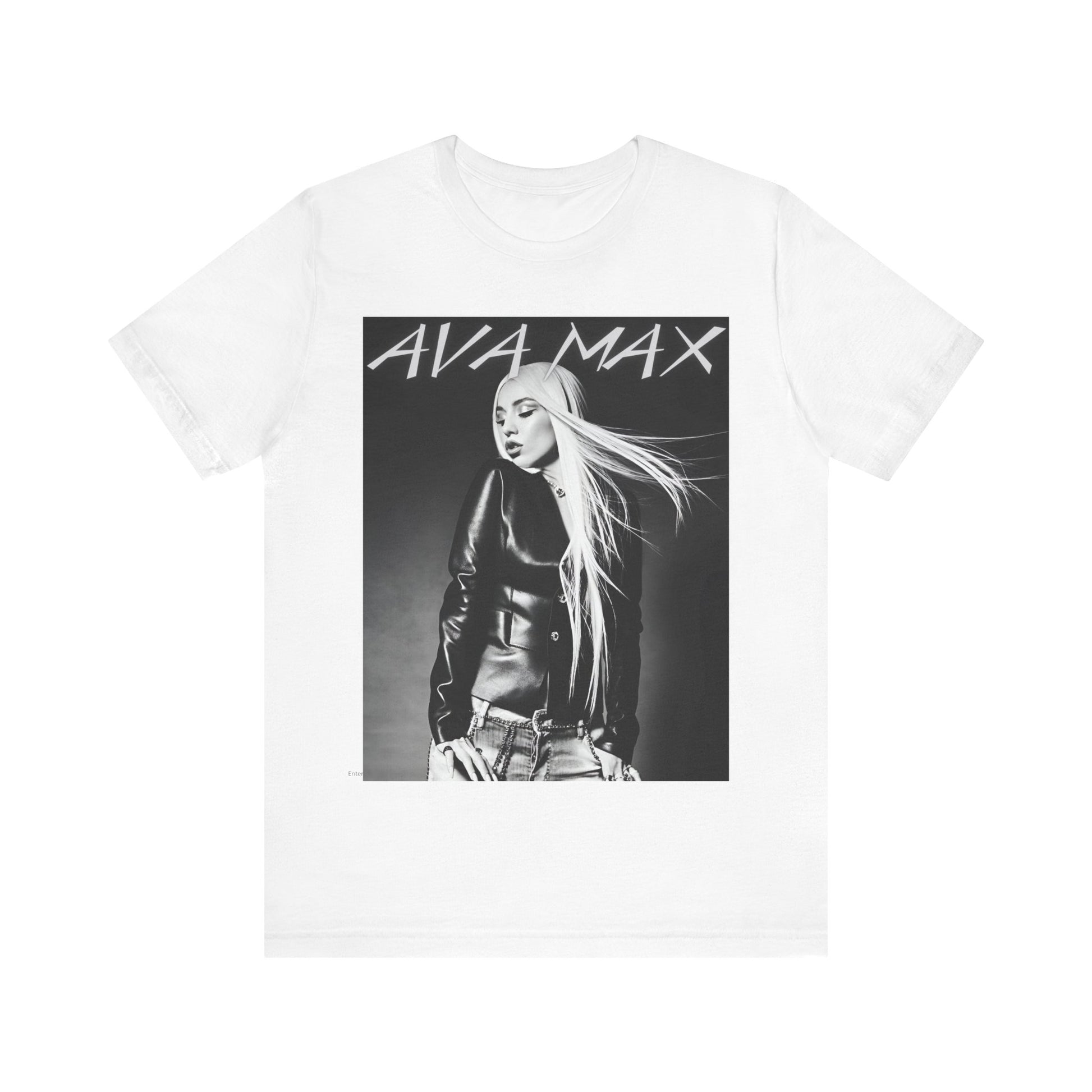 A black graphic t-shirt featuring a black and white portrait photo of Ava Max.