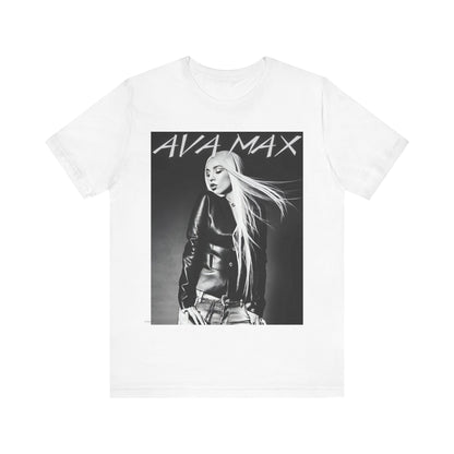 A black graphic t-shirt featuring a black and white portrait photo of Ava Max.