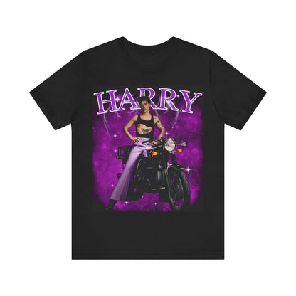 A black graphic t-shirt featuring a neon bootleg graphic of Harry Styles.