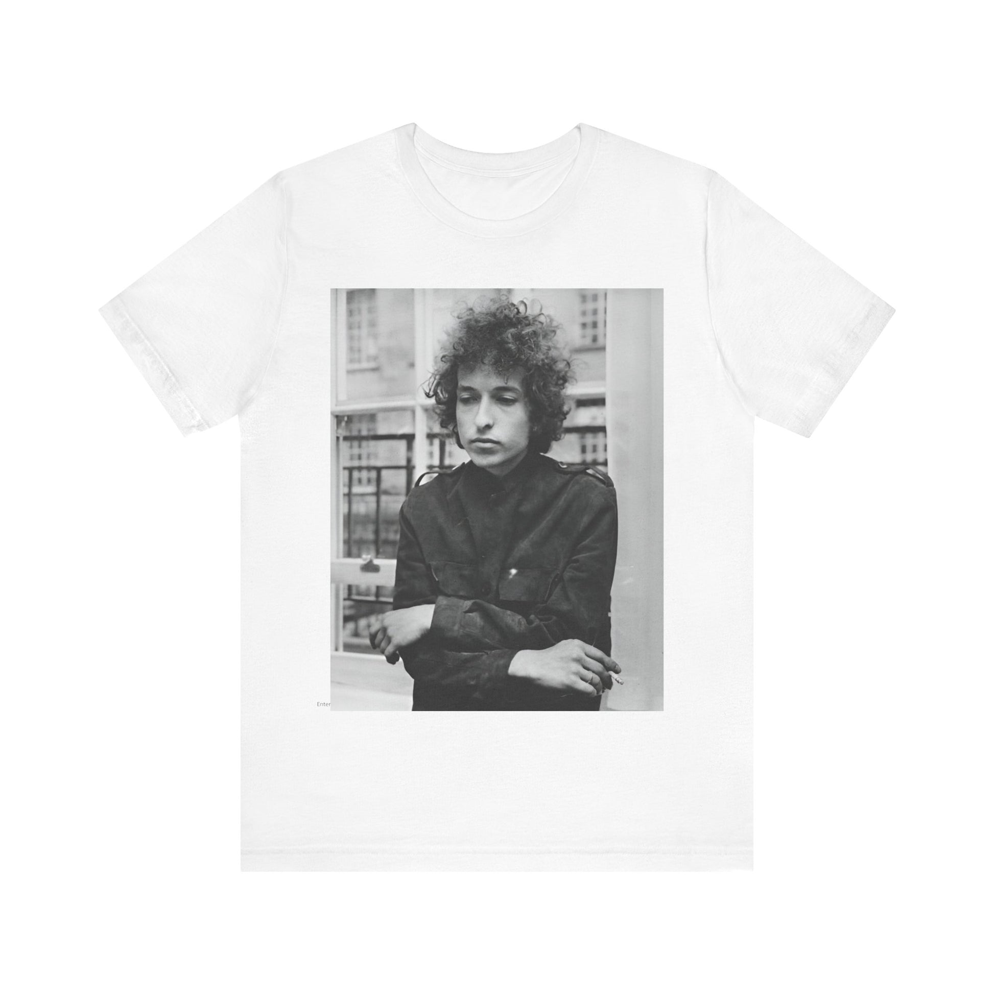 A black graphic t-shirt featuring a black and white graphic of Bob Dylan from the folk revival era.