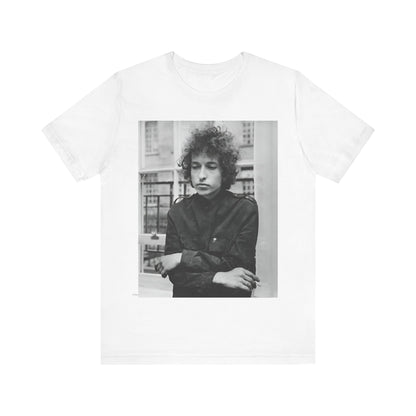 A black graphic t-shirt featuring a black and white graphic of Bob Dylan from the folk revival era.