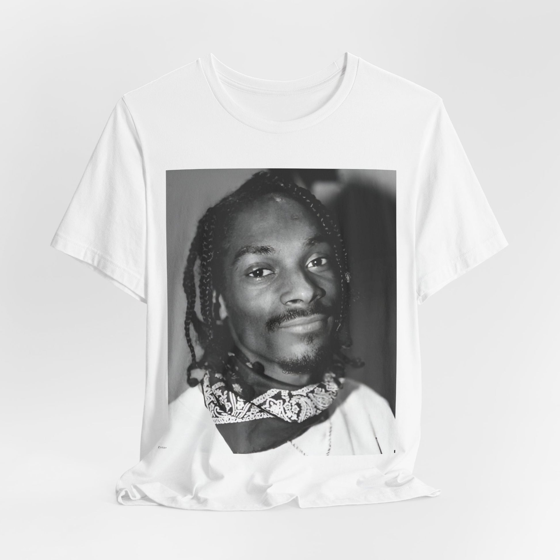 A black graphic t-shirt featuring a modern rap essential graphic of Snoop Dogg.