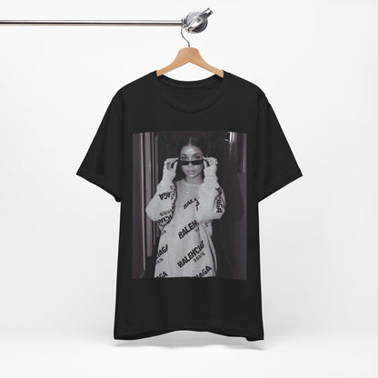 A black graphic t-shirt featuring a black and white, monochrome graphic or photo of Jhene Aiko.