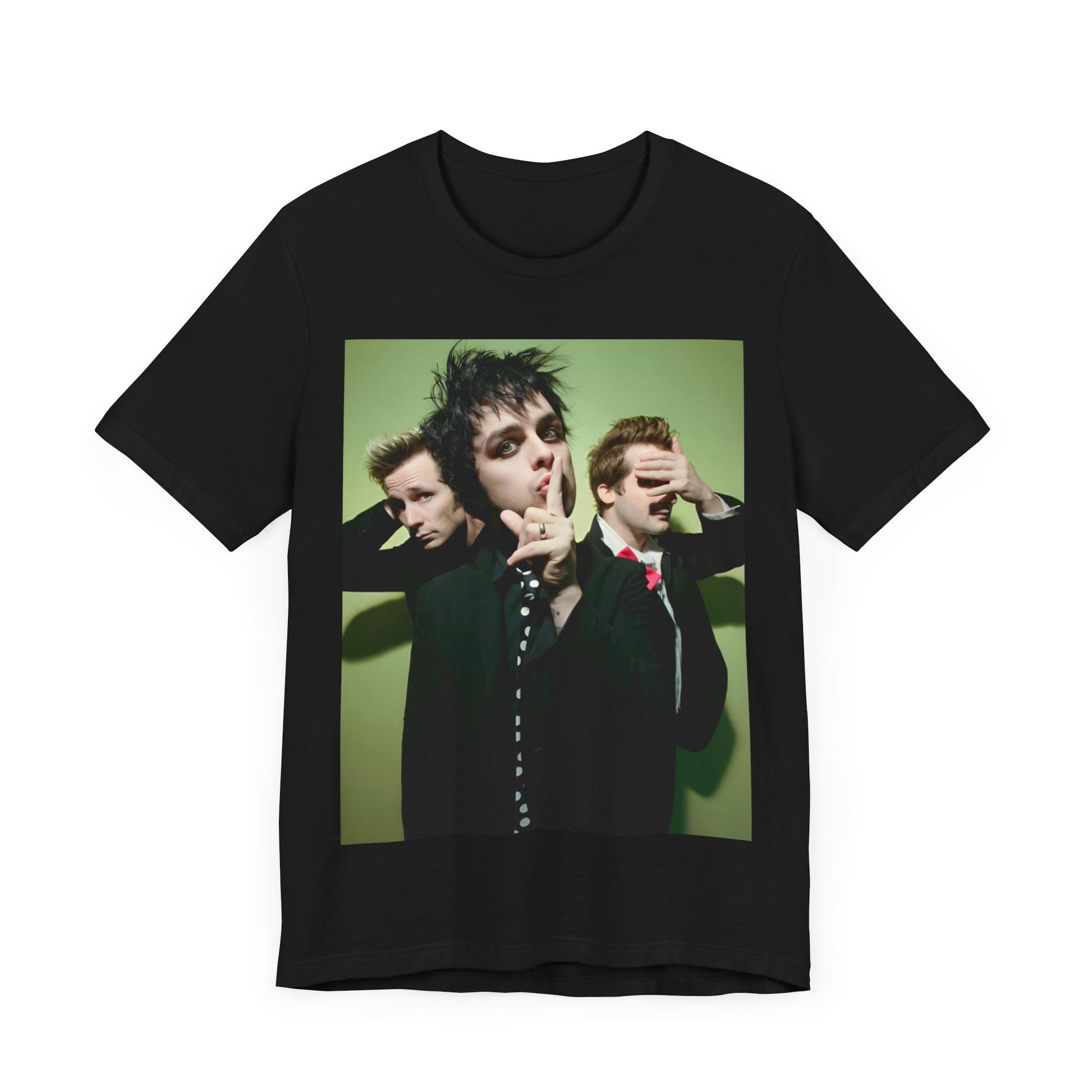 A black graphic t-shirt featuring a classic 90s pop-punk aesthetic graphic of Green Day.