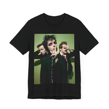 A black graphic t-shirt featuring a classic 90s pop-punk aesthetic graphic of Green Day.