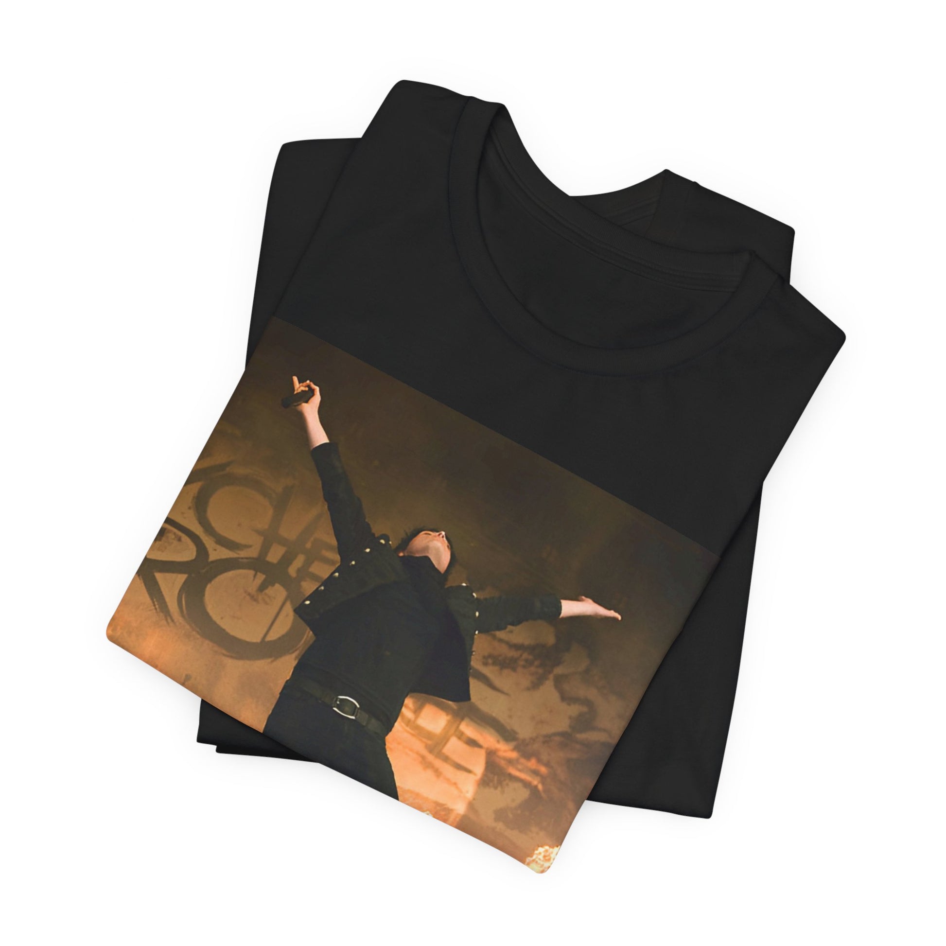A black graphic t-shirt featuring an on-stage merch graphic of My Chemical Romance.