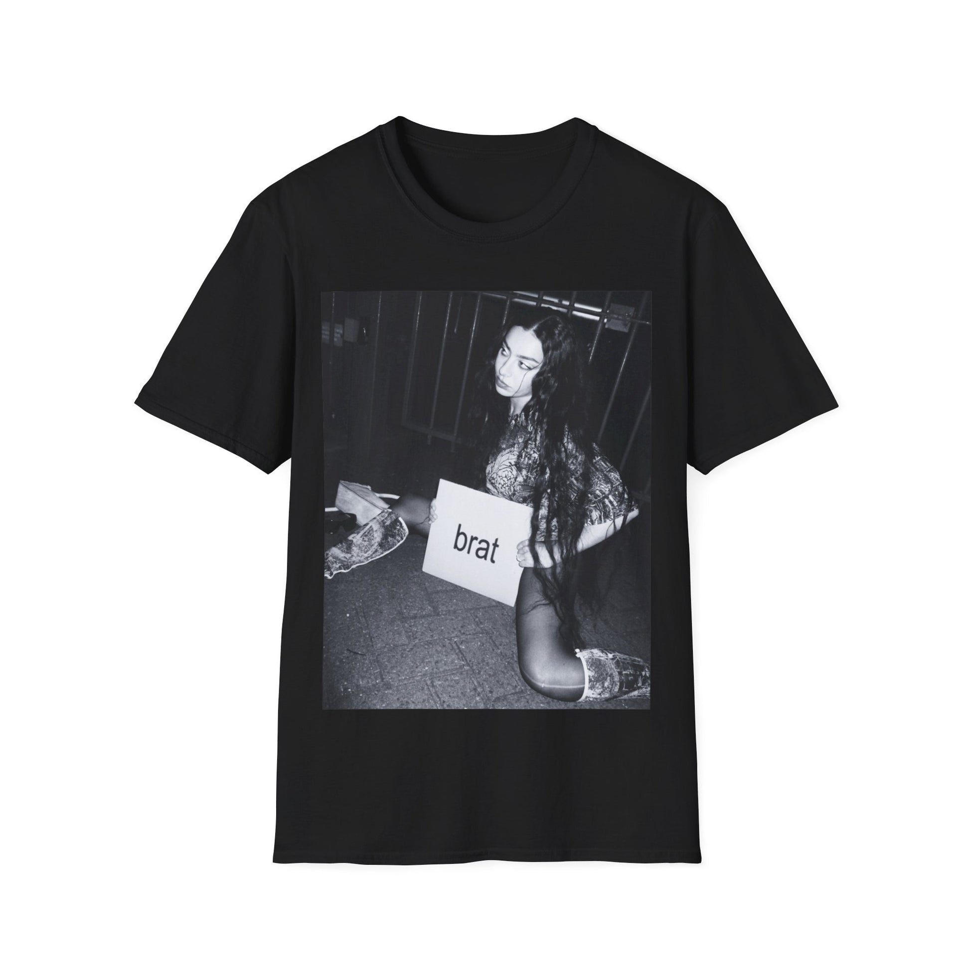 A black graphic t-shirt featuring a graphic related to Charli XCX's 'Brat' album.