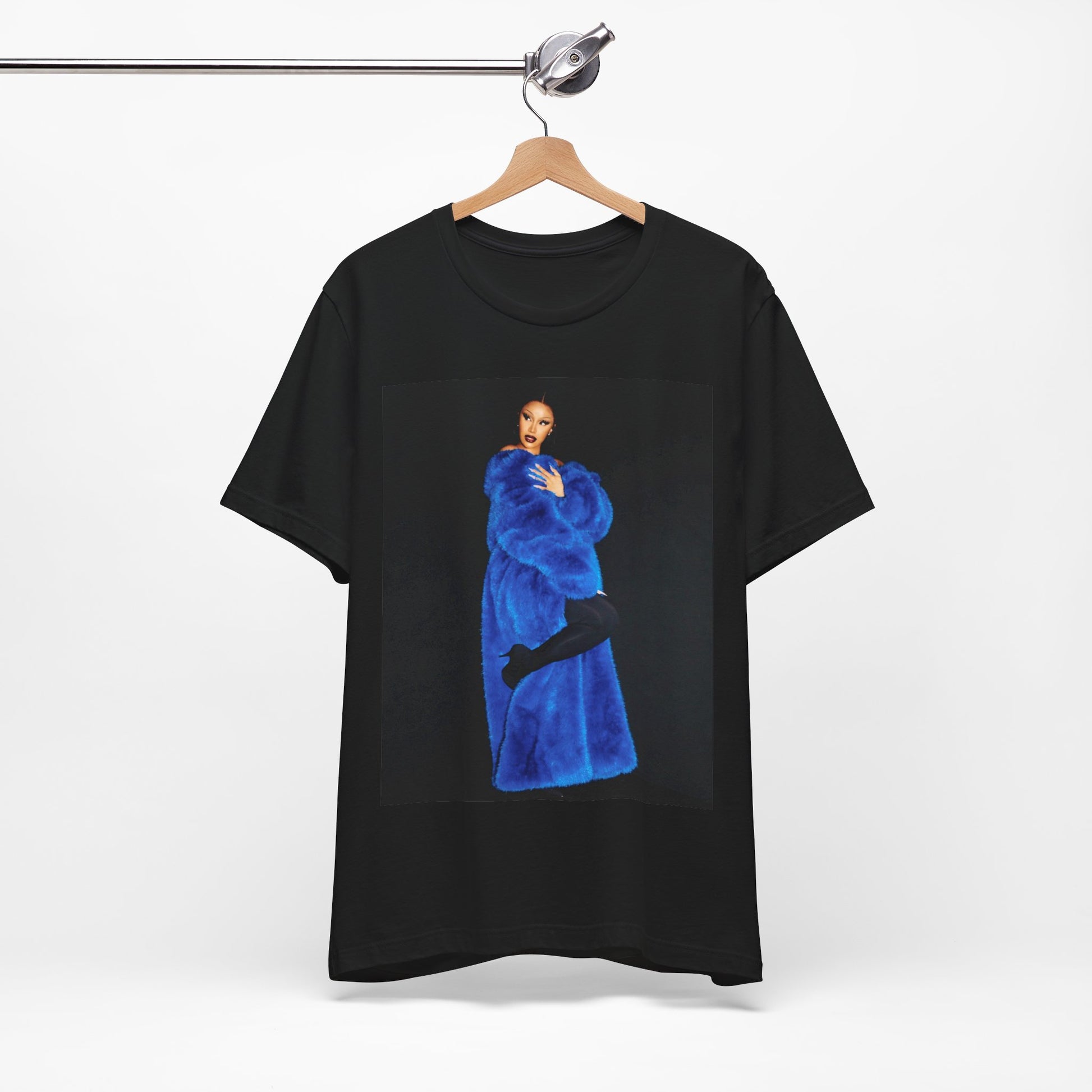 A black graphic t-shirt featuring a photo of Cardi B, possibly with blue velvet elements or a luxurious blue aesthetic.
