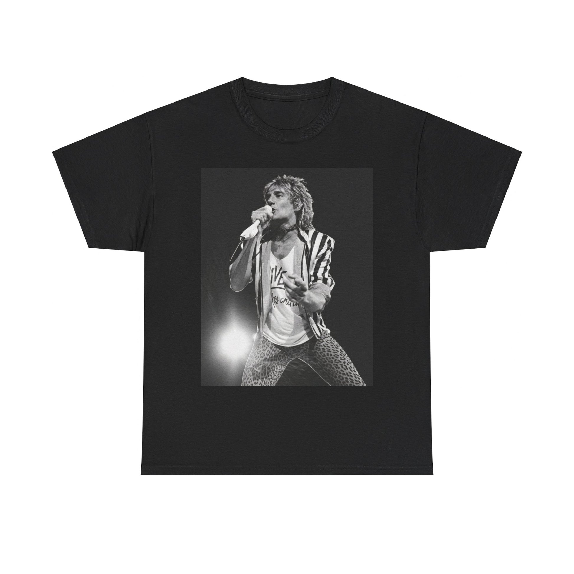 A black graphic t-shirt featuring a vintage graphic or photo of Rod Stewart performing live.