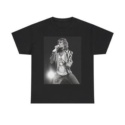 A black graphic t-shirt featuring a vintage graphic or photo of Rod Stewart performing live.