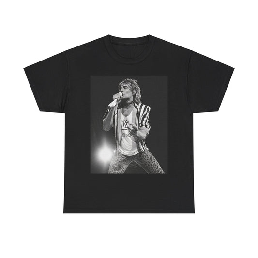 A black graphic t-shirt featuring a vintage graphic or photo of Rod Stewart performing live.