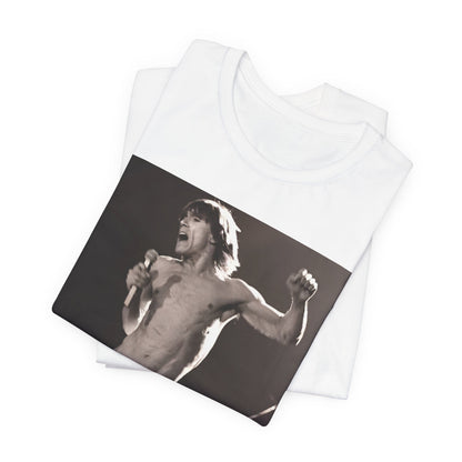 A black graphic t-shirt featuring a black and white graphic or photo of Iggy Pop performing live on stage.