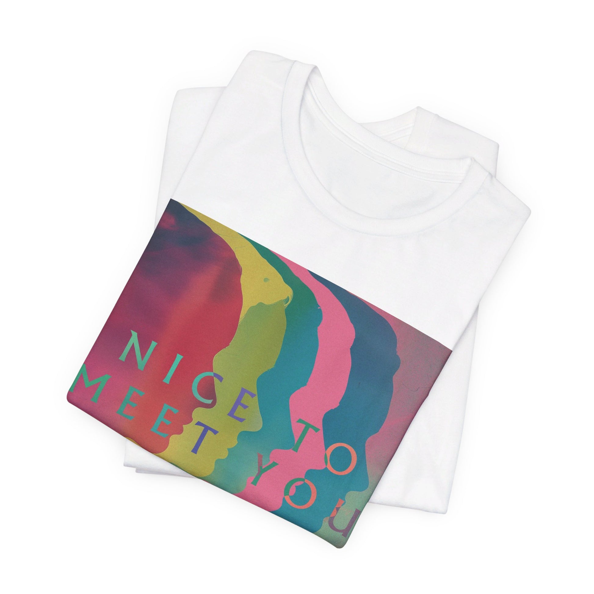 A black graphic t-shirt featuring a graphic related to Imagine Dragons' 'Nice to Meet You' song or a welcoming theme.