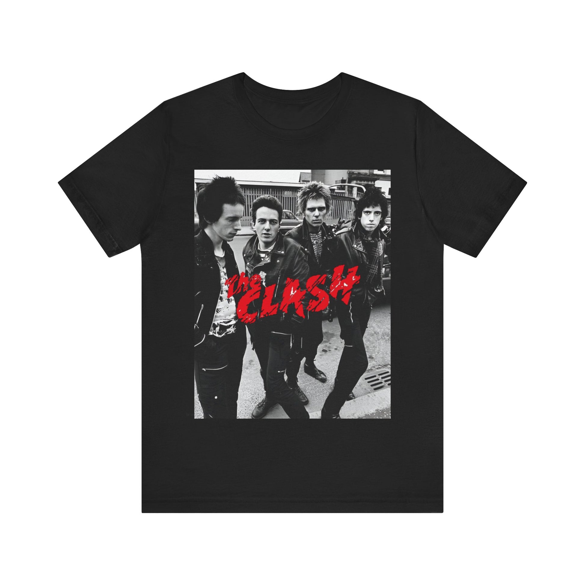 A black graphic t-shirt featuring a graphic of The Clash as punk rock pioneers.