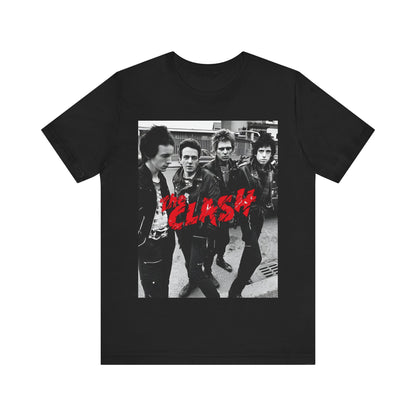 A black graphic t-shirt featuring a graphic of The Clash as punk rock pioneers.