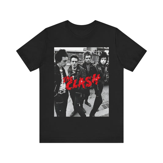 A black graphic t-shirt featuring a graphic of The Clash as punk rock pioneers.