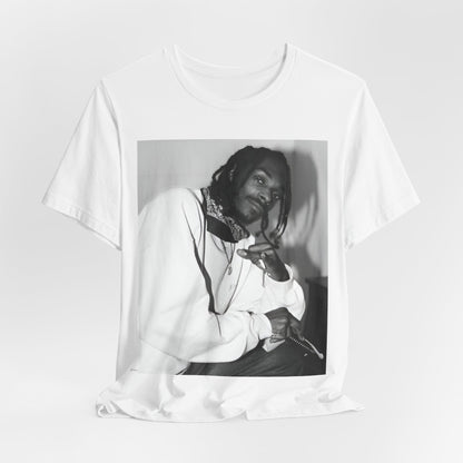 A black graphic t-shirt featuring a black and white hip hop graphic or photo of Snoop Dogg.