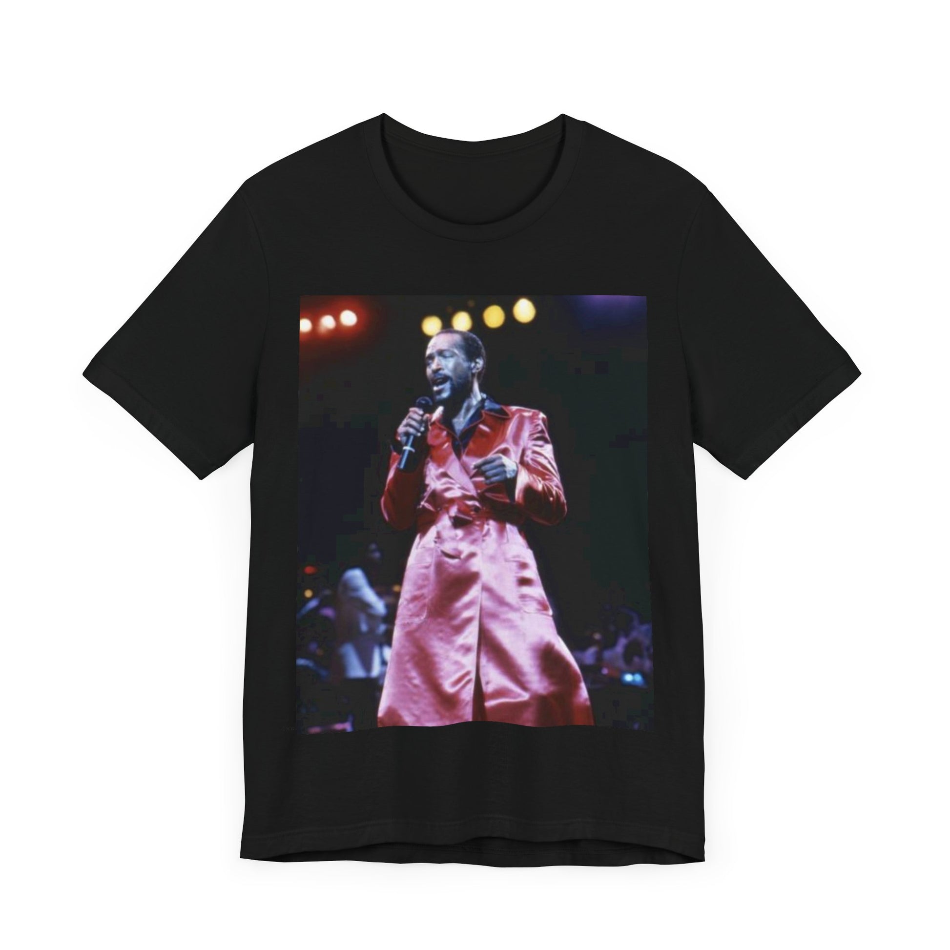 A black graphic t-shirt featuring a vintage graphic or photo of Marvin Gaye performing live.