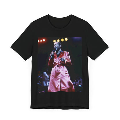 A black graphic t-shirt featuring a vintage graphic or photo of Marvin Gaye performing live.