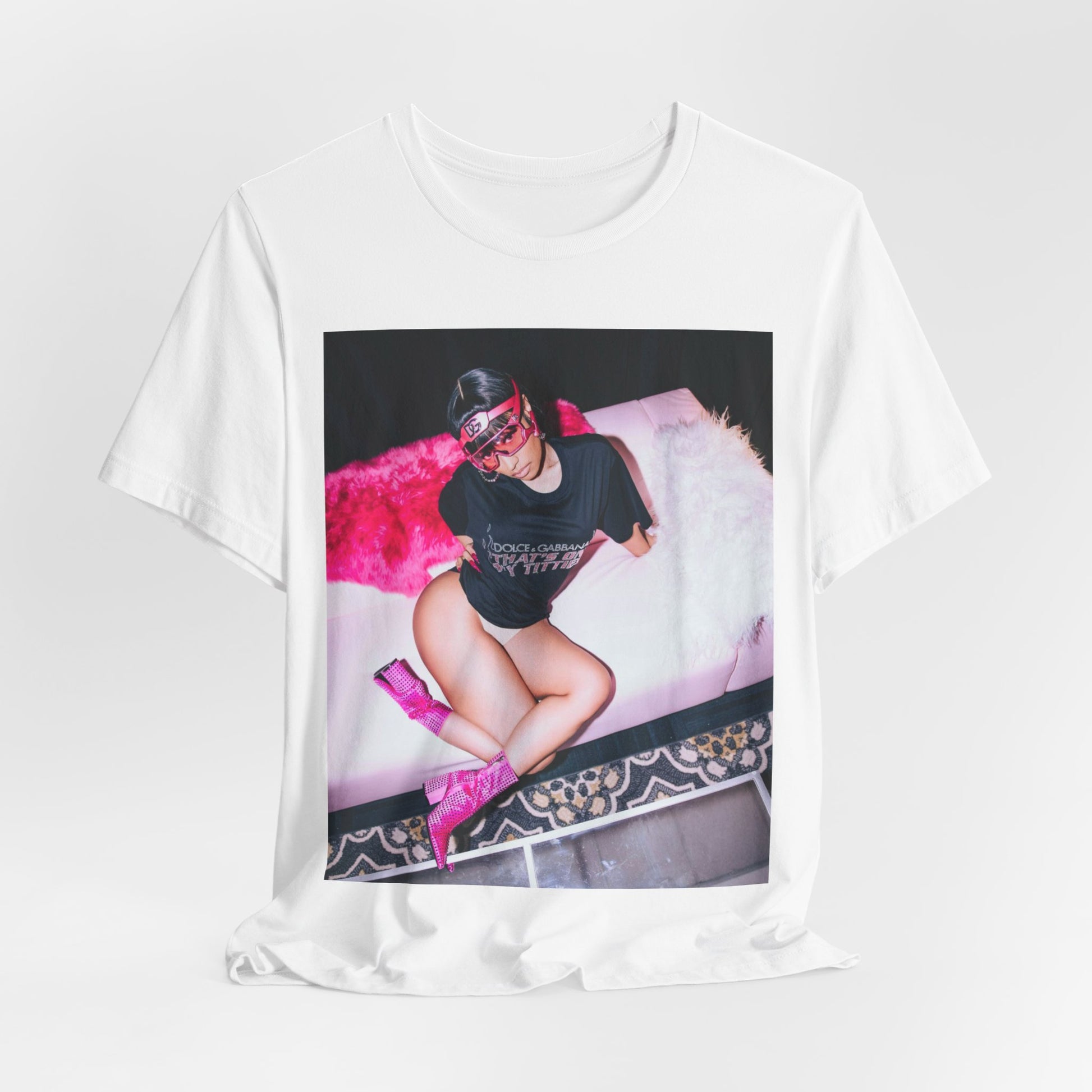 A black graphic t-shirt featuring a classic lifestyle graphic of Nicki Minaj.
