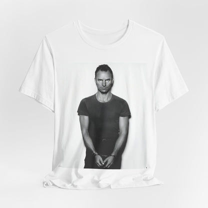 A black graphic t-shirt featuring a black and white portrait photo of Sting.