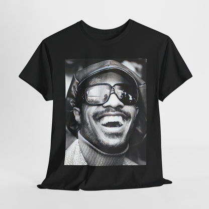 A black graphic t-shirt featuring a black and white portrait photo of Stevie Wonder.