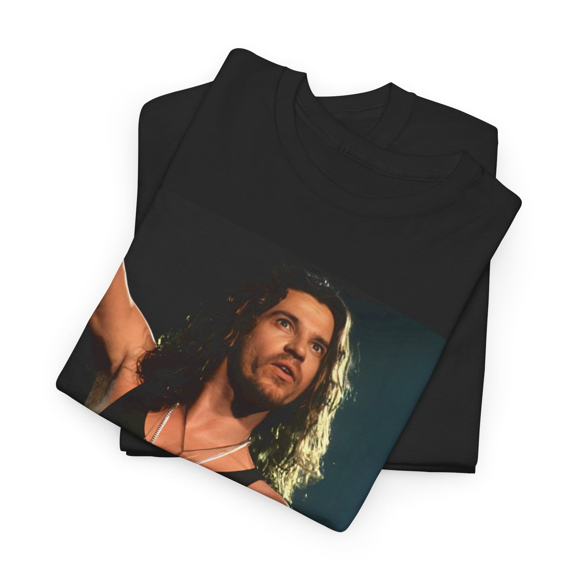 A black graphic t-shirt featuring a vintage 80s new wave graphic of INXS.