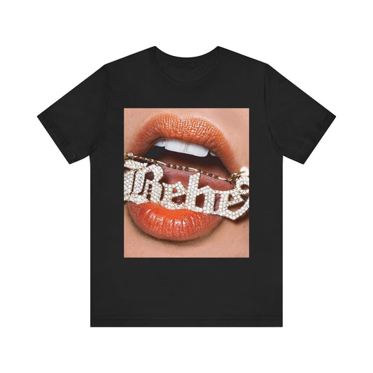 A black graphic t-shirt featuring a retro-style graphic inspired by Bebe Rexha's album art.