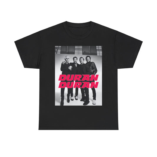 A black graphic t-shirt featuring a glam pop aesthetic graphic of Duran Duran.