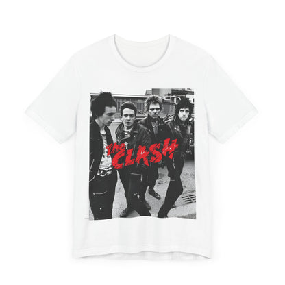 A black graphic t-shirt featuring a graphic of The Clash as punk rock pioneers.