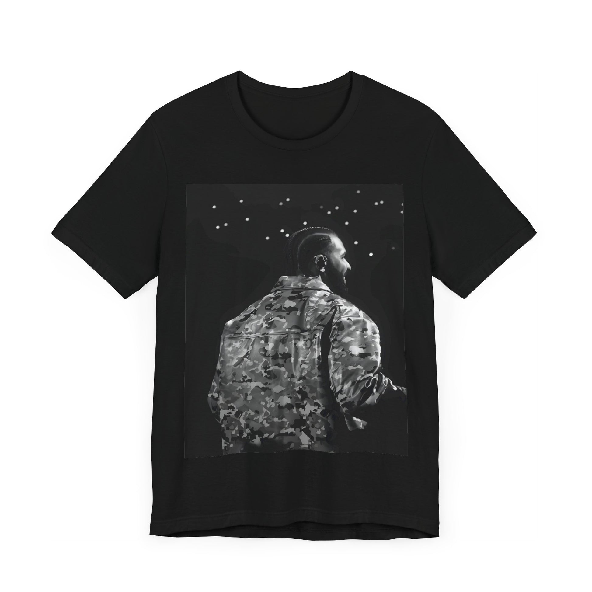 A black graphic t-shirt featuring a black and white graphic or photo of Drake performing live on stage.