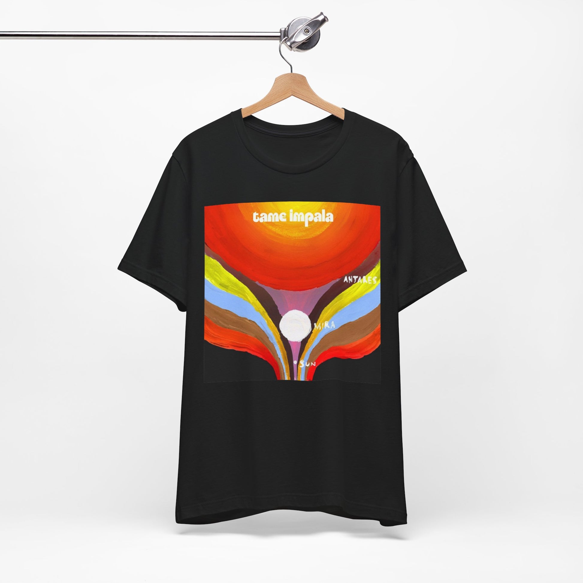 A black graphic t-shirt featuring a graphic inspired by Tame Impala's albums.
