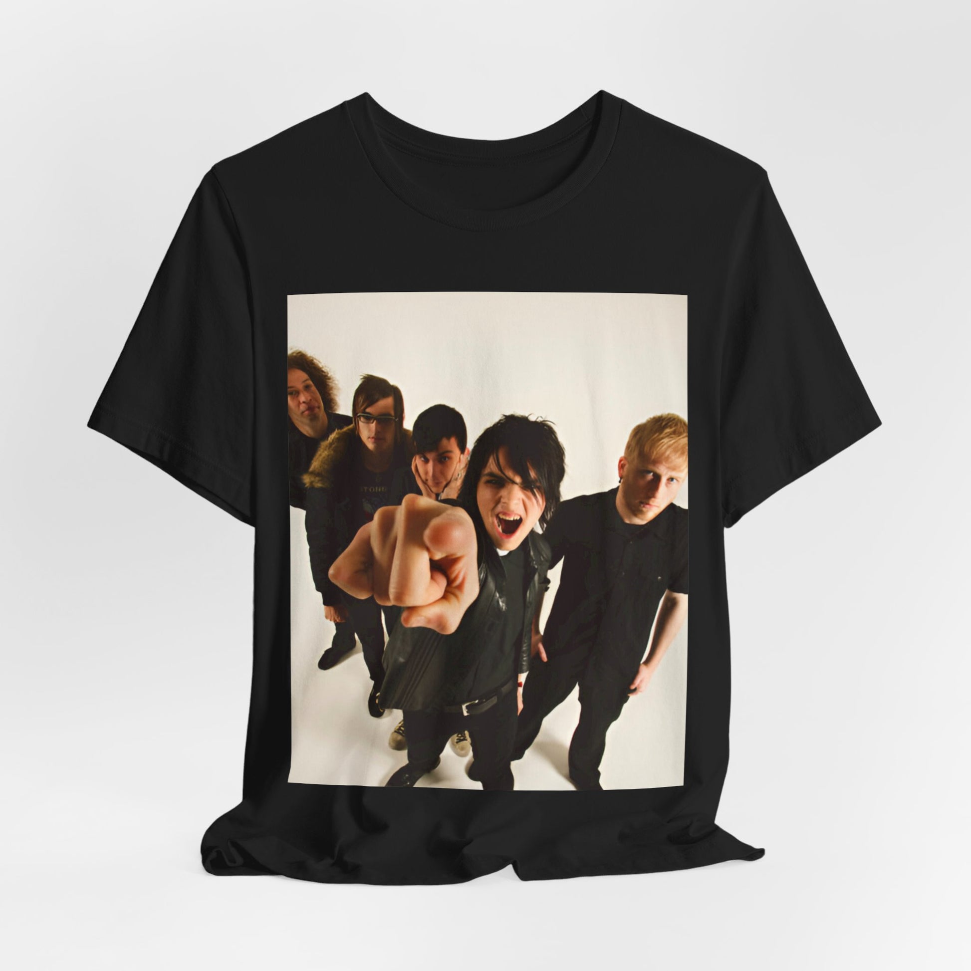 A black graphic t-shirt featuring a retro rock graphic of My Chemical Romance.