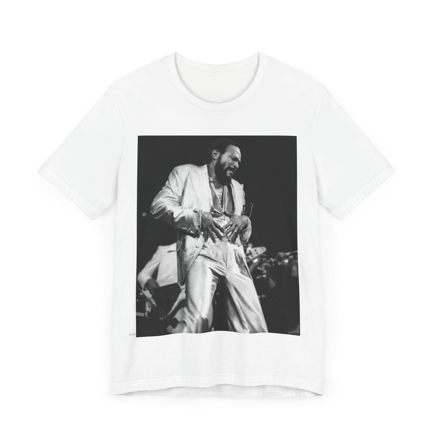 A black graphic t-shirt featuring a 70s Motown concert graphic of Marvin Gaye.