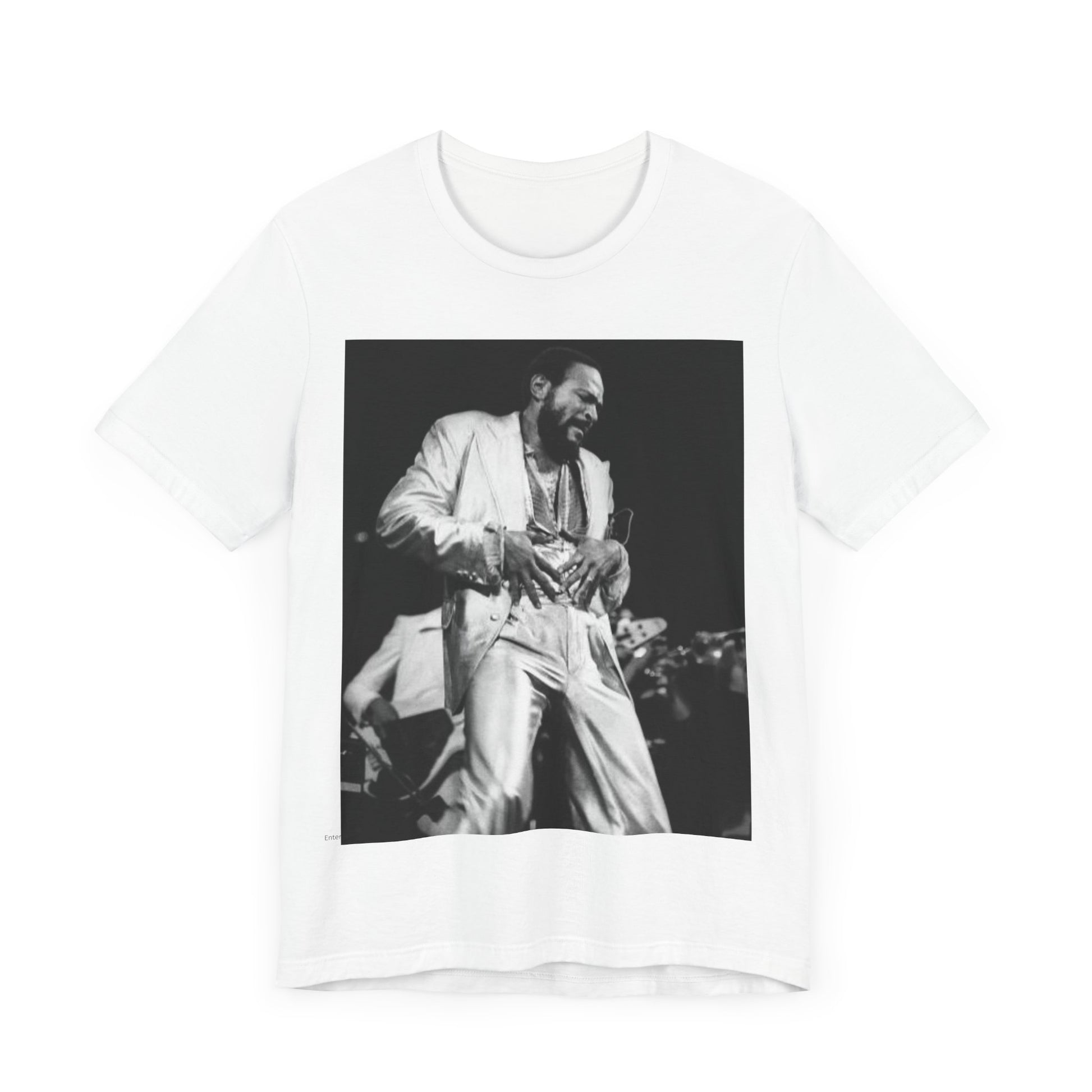 A black graphic t-shirt featuring a 70s Motown concert graphic of Marvin Gaye.