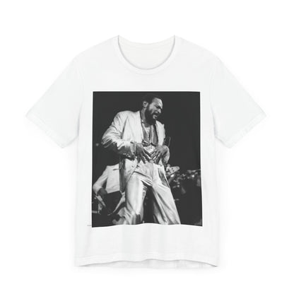 A black graphic t-shirt featuring a 70s Motown concert graphic of Marvin Gaye.