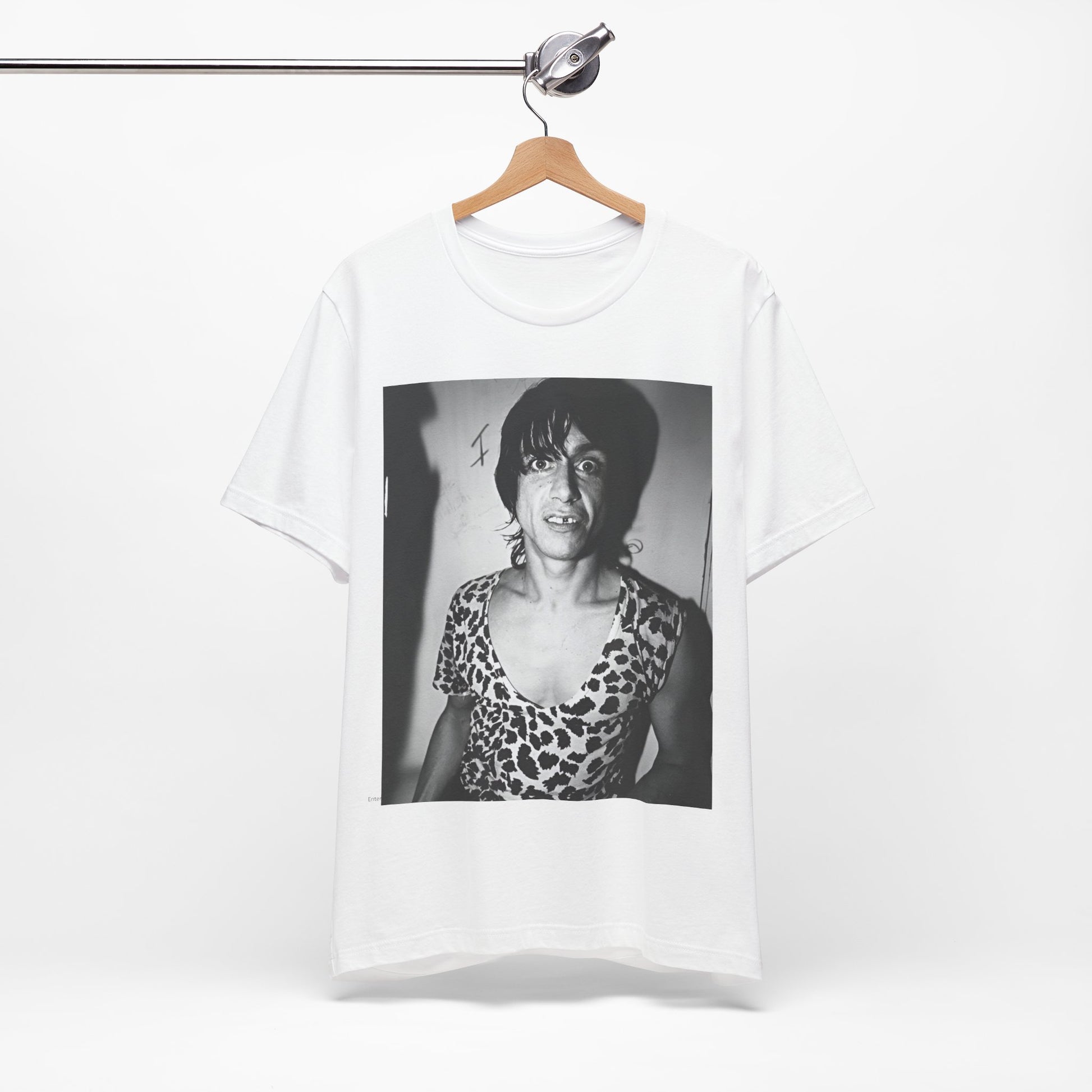A black graphic t-shirt featuring a graphic of Iggy Pop and The Stooges in a punk style.