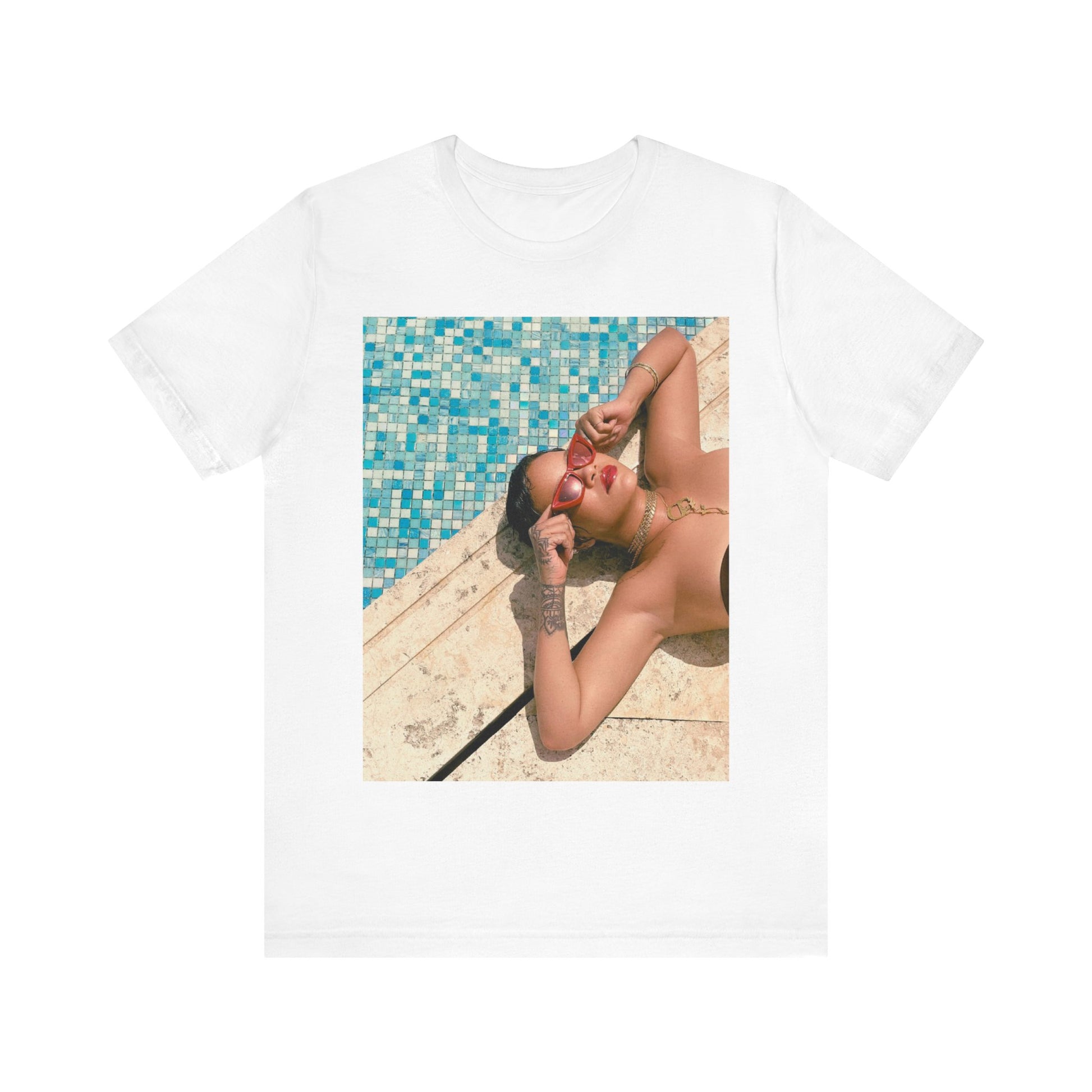 A black graphic t-shirt featuring a graphic of Rihanna in swimwear as a pop star queen.