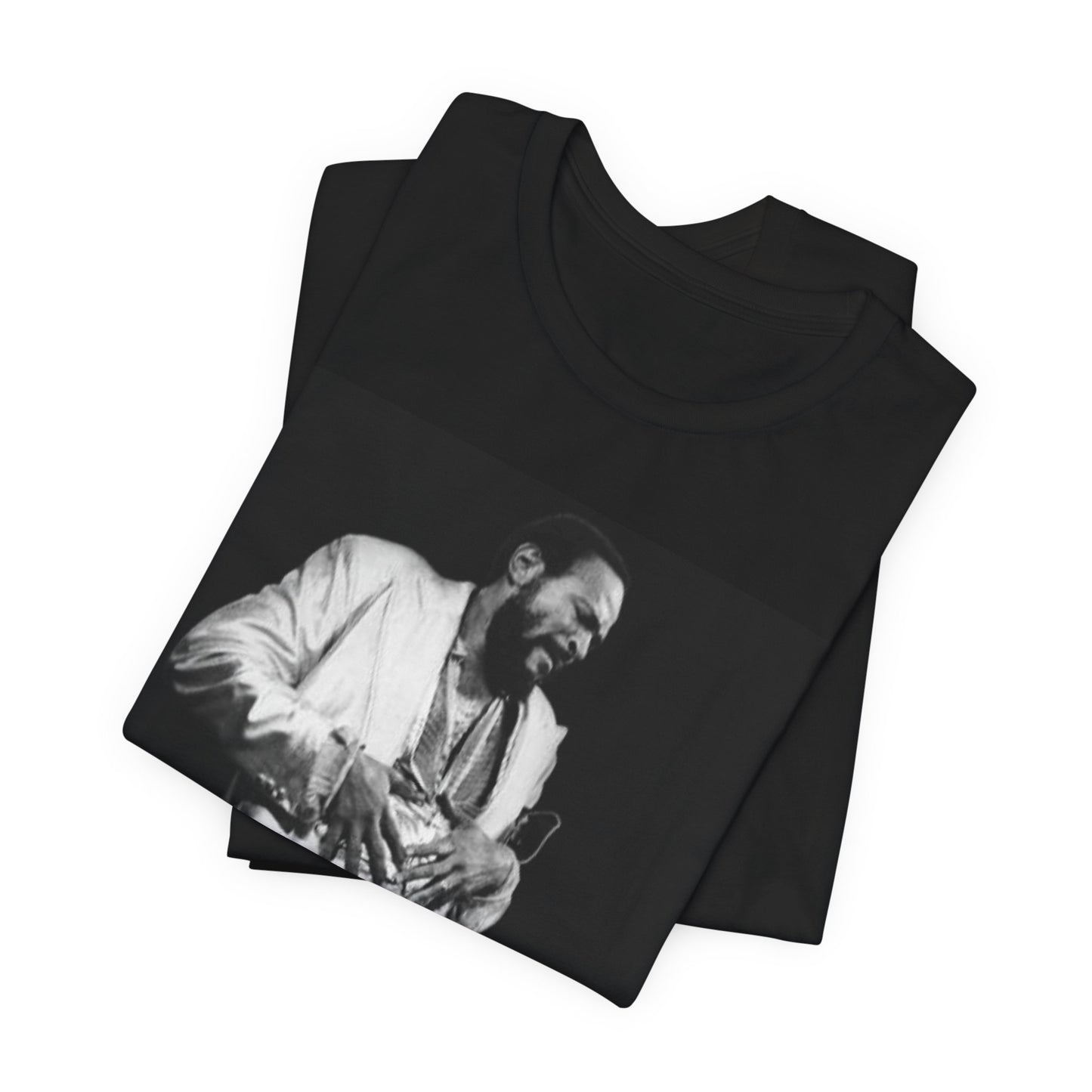 A black graphic t-shirt featuring a 70s Motown concert graphic of Marvin Gaye.