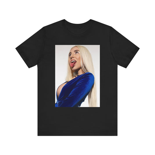 A black graphic t-shirt featuring a stylized graphic of Ava Max, designed to evoke a modern pop music vibe.