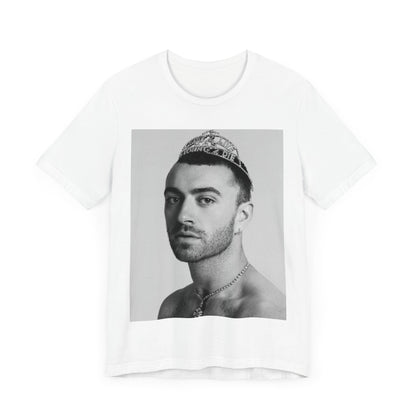A black graphic t-shirt featuring a graphic of Sam Smith as a gender fluid icon.